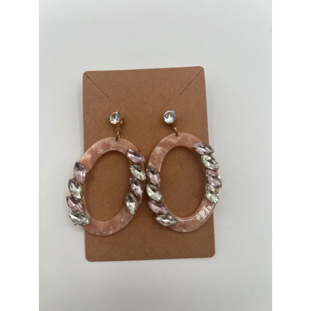 Peach Marbled Resin Oval Hoop Earrings Pink Clear Rhinestone Crystal Statement